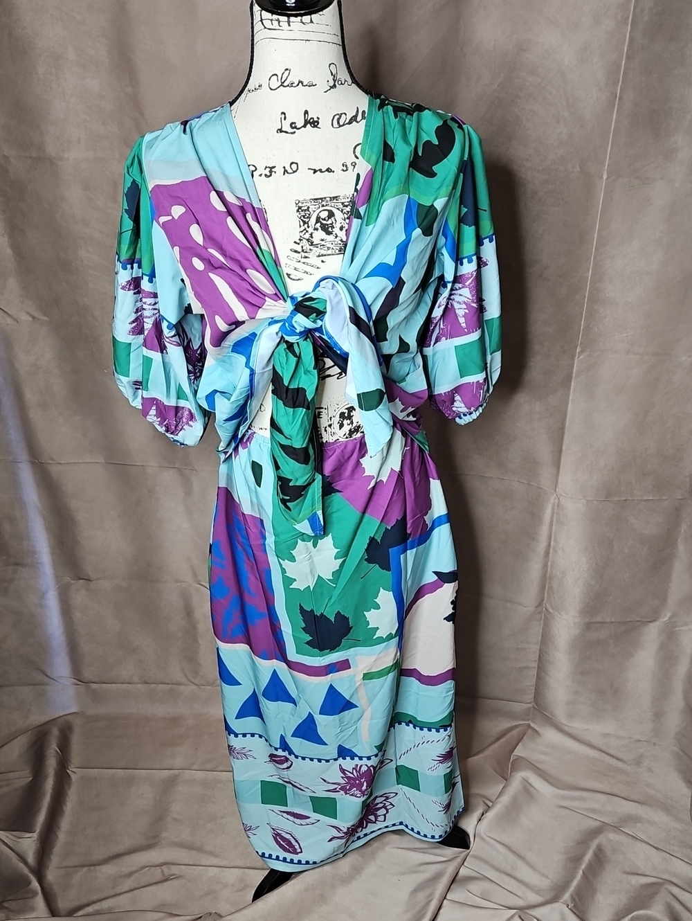 SHEIN Tie-Front Cut Out Puff Sleeve Midi Dress Size Small